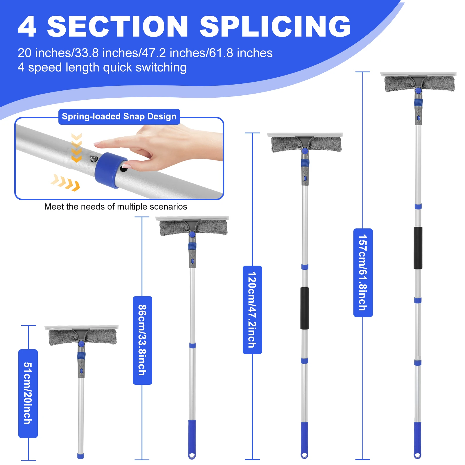 100-420CM Extended Window Cleaning Kit 2 in 1 Double Sided Glass Squeegee Cleaner Duster Mop 180° Swivel Window Cleaning Tools