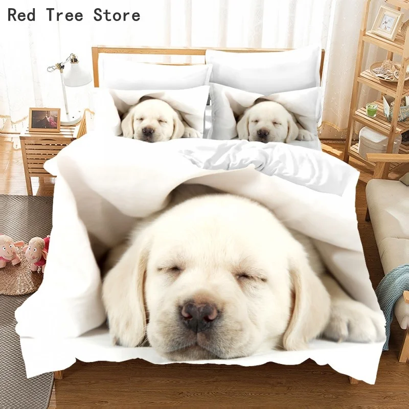 

Lovely Dog Pets Animal 3D Bedding Set White Color Duvet Quilt Cover Comforter Bed Linen Pillowcase King Queen 220*260cm Big Size