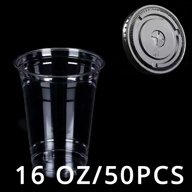 Vasos Café Desechables Juego De 50 Vasos De Café Transparentes 16 Oz Con Tapa - Desechables De PET Para Bebidas Frías Y Batidos Vasos Desechables Para Batidos