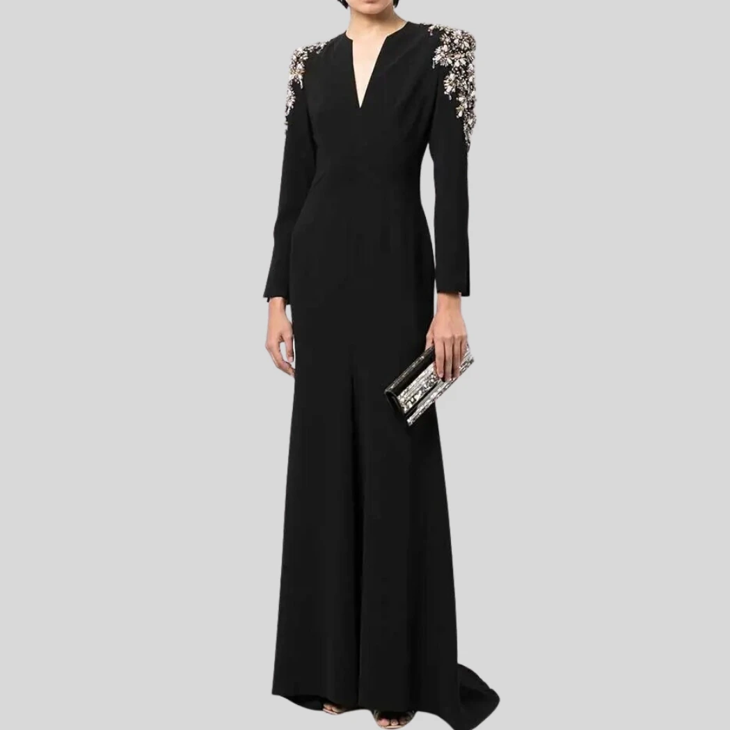 Women's Long Sleeve V-Neck Satin Evening Dresses with Shoulder Flowers Beaded Elegant Formal Occasion Dresses Party Birthday 2021 elegant bealegantom cheap v neck chiffon prom dresses beaded long formal evening party gown vestidos de gala bm102