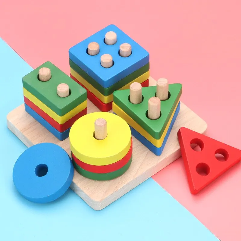 Wooden Toy Children Four Post Geometric Modeling Building Blocks Montessori Jigsaw Puzzle Teaching Aids