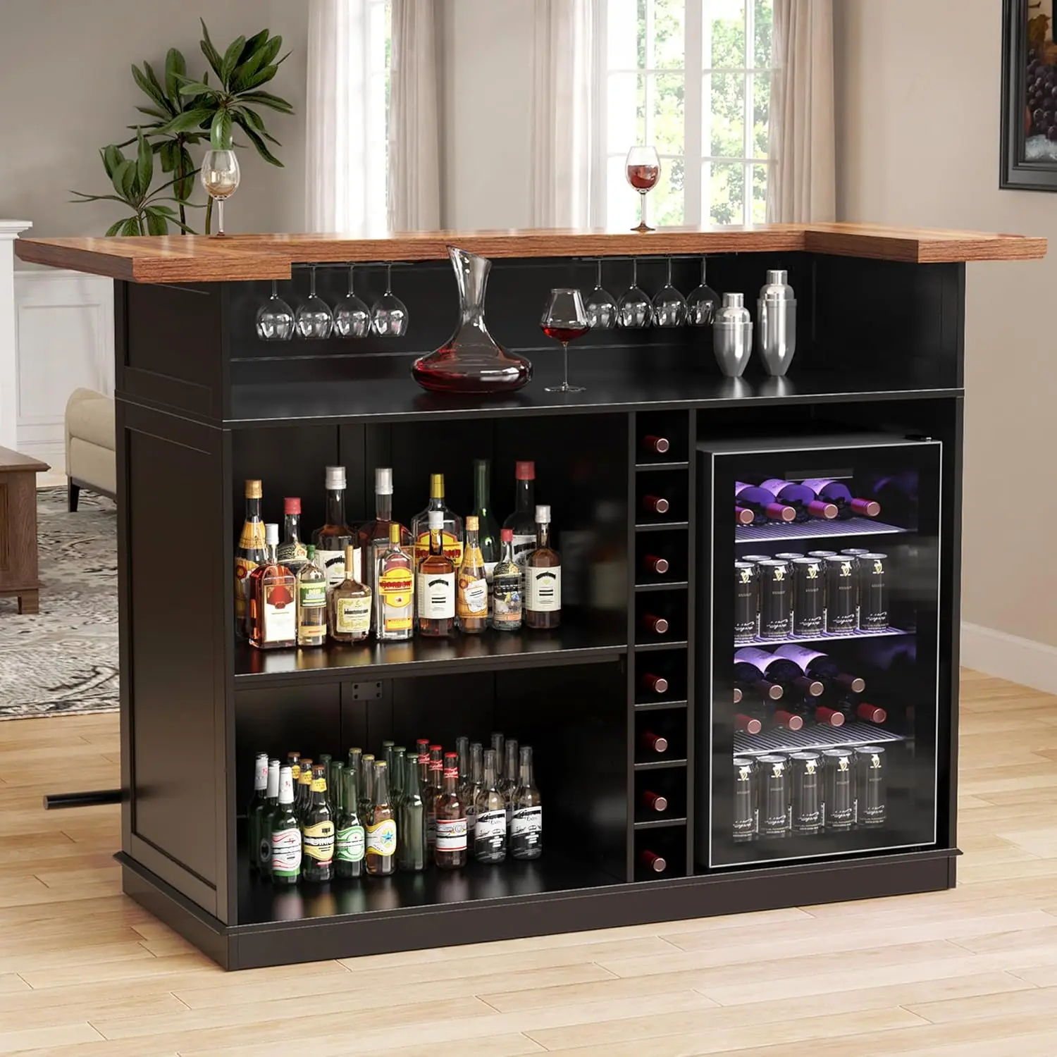 Home Bar Unit with Fridge Space, U-Shape Liquor Wine Cabinet, 63.1" Mini Bar Table with Storage for Basement or, Customized