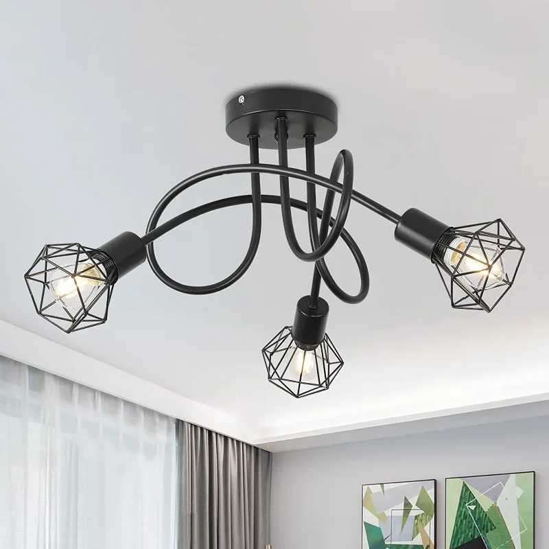 Modern LED Chandelier teto pendurado luzes, 3 cabeças, grade preta, ferro forjado, iluminação do quarto para sala de estar