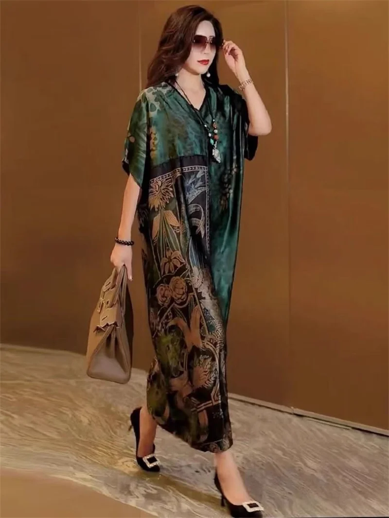 Robe Longue Fluide Imprimée Vert Émeraude Élégante Femme