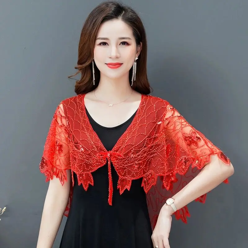 

2023 Spring Summer Women Mesh Versatile Capes Sequins Popular Reticulated Party Fashion Party Lady Cloaks Poncho Red