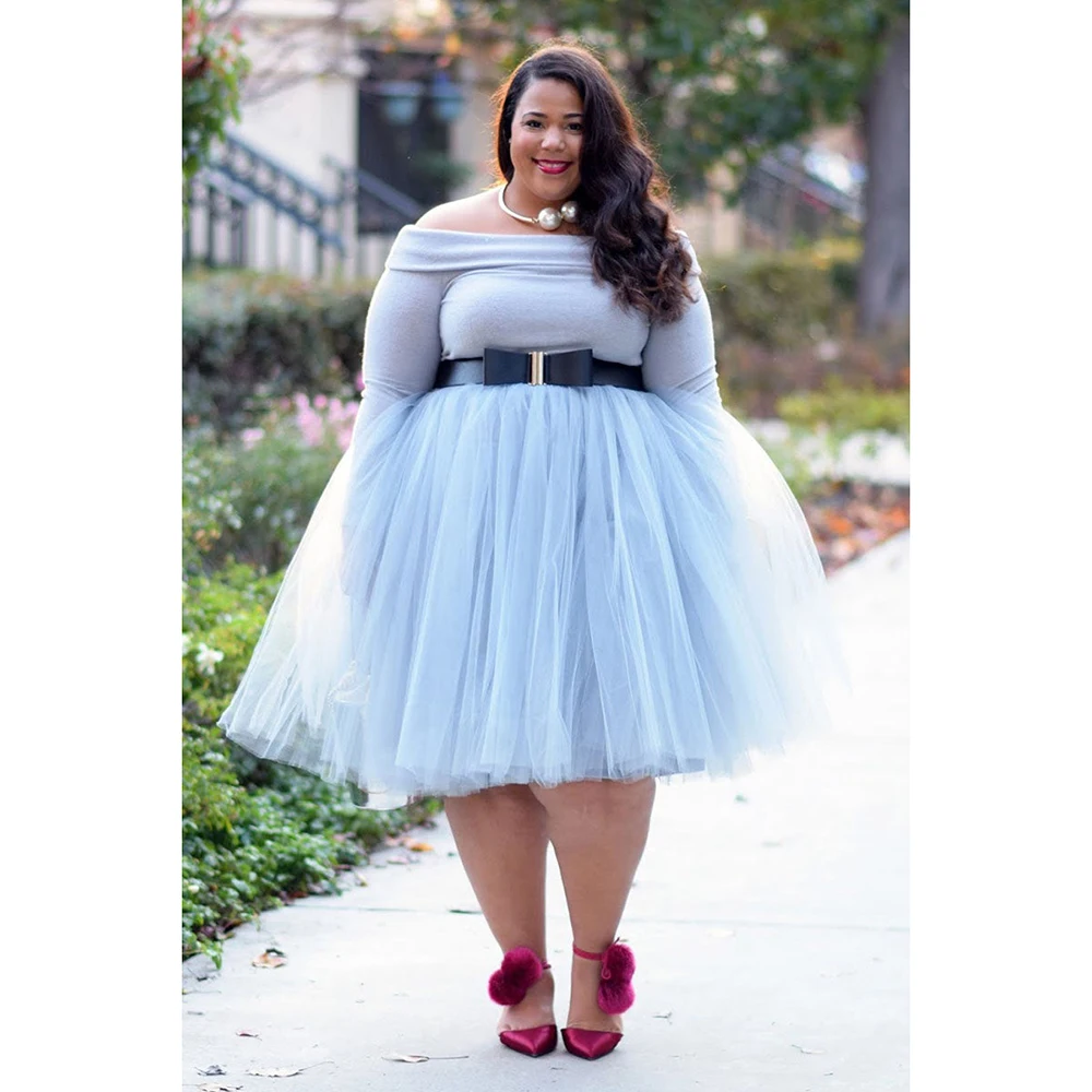 

Plus Size Light Blue Tulle Fluffy Solid Skirt Dress