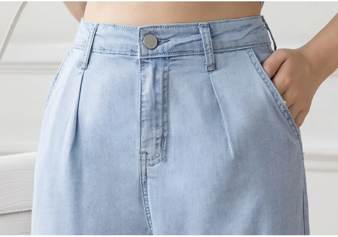 Women Casual High Waist Loose Thin Pants 2021 Summer Wide Leg Jeans Loose Ice Silk Straight Trousers Female Long Denim Pants Pop