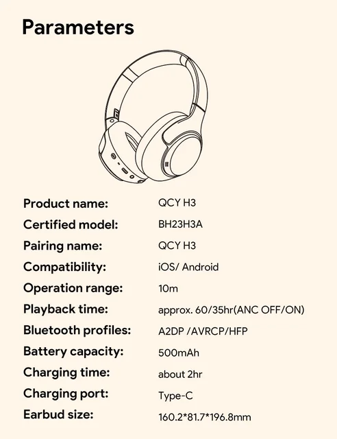 QCY H3 ANC Wireless Headphones 43dB Active Noise Cancellation Headset  Wired/Wireless Bluetooth 5.4 Hi-Res Audio Earphones 60Hrs