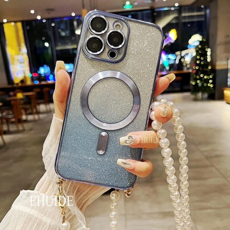 Magnetic Pearl Crossbody Clear Glitter Phone Case with Lanyard Strap