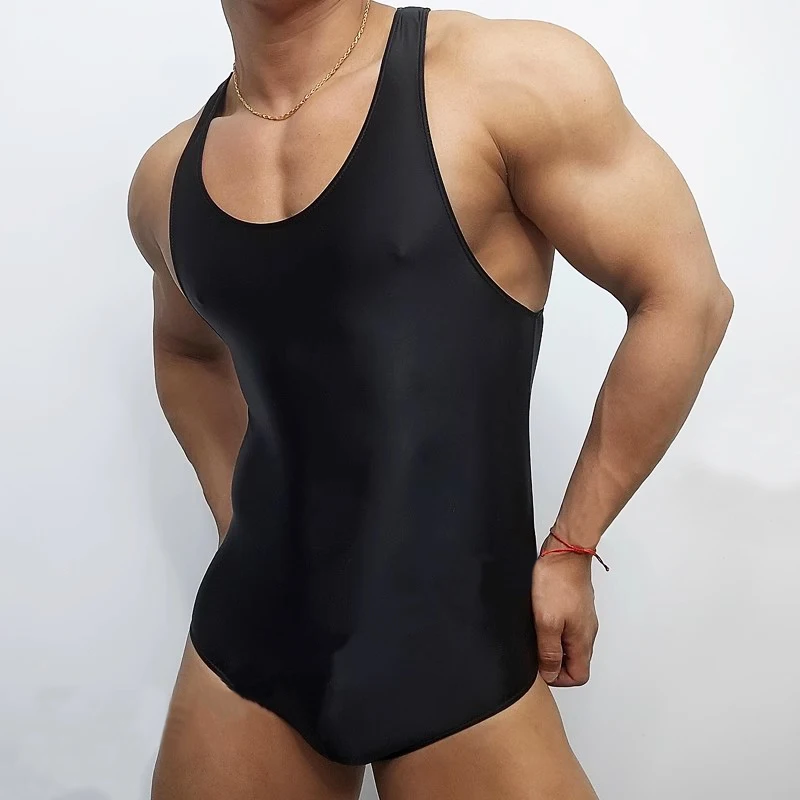 Japanese Swimsuit Sexy Gloss Shiny Men's Bodysuit Tops Sleeveless U Convex Pouch One-pieces Body Suits Male High Elastic Tights