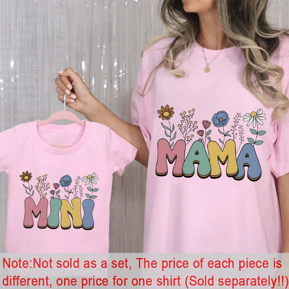 2pc Colorful Flower Letter MAMA and MINI Matching Family Outfits Mothers Day Gift Blessed Mommy and Kids Leisure Fun T-Shirt 3