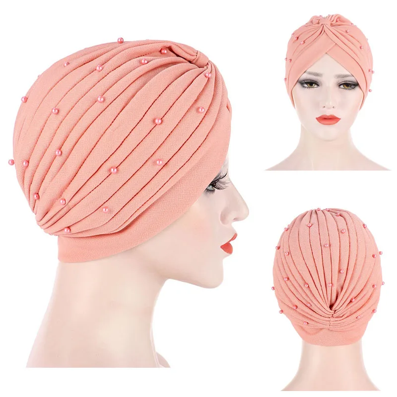 Turban For Women Solid Color Muslim Wrap Head Hats Folds Headwear Hair Scarves With Beadings Vintage Hijab Bonnets Hair Scarf flower bohemia women bandana print hair band scarf fashion paisley headwear wrist head wrap hair scarf headwear hair accessories