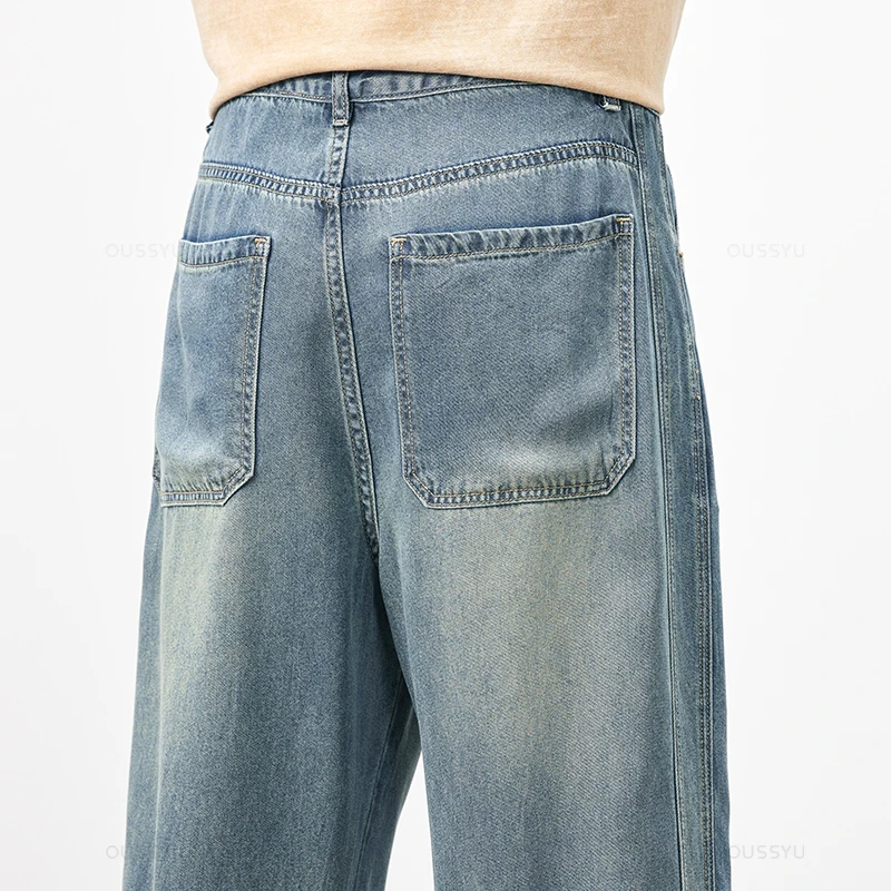 Lyocell Fabric Men's Cargo Jeans Denim Pants Trousers Loose Wide Leg Elastic Waist Casual Plus Size
