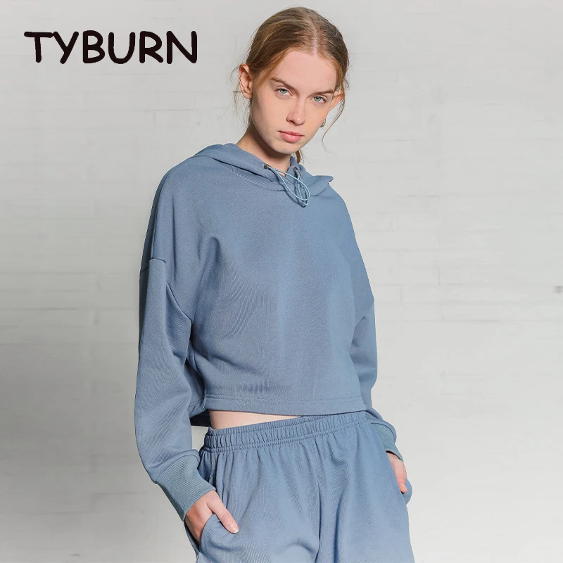 

TYBURN Casual Spring Autumn 100% Cotton Sweatshirt Short Women Wear Exposed Navel Loose Pullover Hoodie Solid Colors Clothes