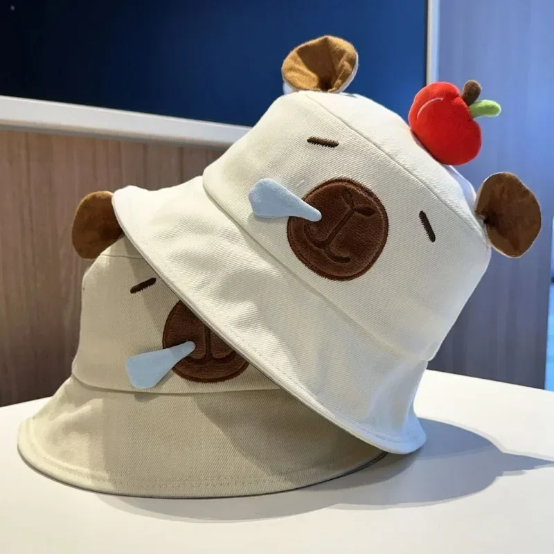 Niedlicher Capybara-Eimerhut, 1–4 Stück, für Damen, Cartoon-Design mit Apfel, Sonnenschutz, lässig, Sommer, Strand, Outdoor, Fischerhut – Detail 3