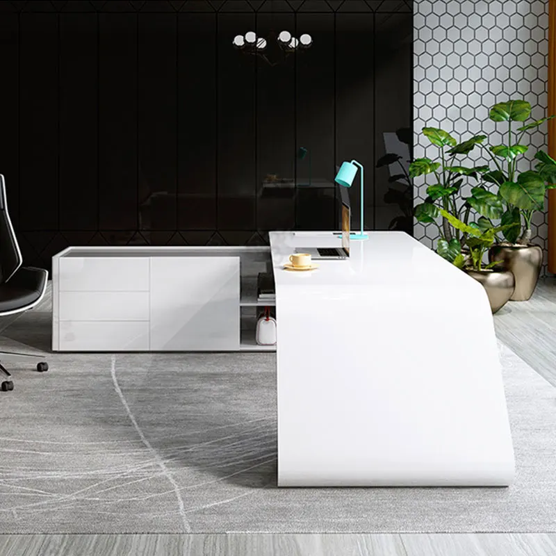 Durable Ceo Office Computer Desk Light Luxury Executive Workstation Office Table And Chair Set In White