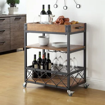 Solid Wood Dining Room Cart Hotel Kitchen Islands Retro Household Storage Cabinet Cafe Wine Rack Restaurant Trolleys with Wheels