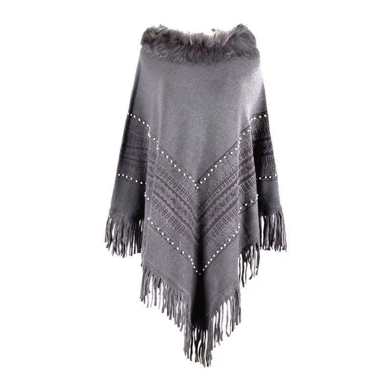 

Women Plush Collar Knit Pullover Sweater Top Fringe Tassel Shawl Wrap Beading Geometric Striped Poncho Cape