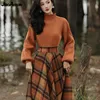 Women's Spring Autumn Vintage Plaid Long Skirts Sweater Two-Piece Set French Lady Graceful Knit Pullover High Waist Skirt Outfit 1