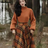 Women's Spring Autumn Vintage Plaid Long Skirts Sweater Two-Piece Set French Lady Graceful Knit Pullover High Waist Skirt Outfit 1