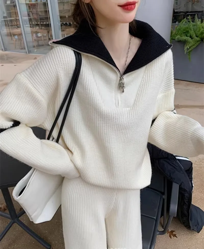 

2023 women new fashion knit two piece sets wholesale custom knitwear plus size female solid color casual sweater sets MO2311