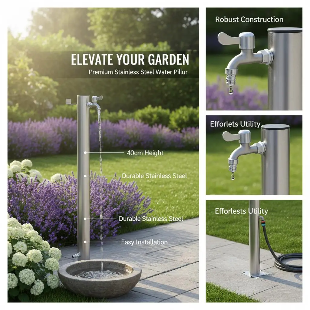 Gartenwassersäule 40 cm Edelstahl rund – Detail 1
