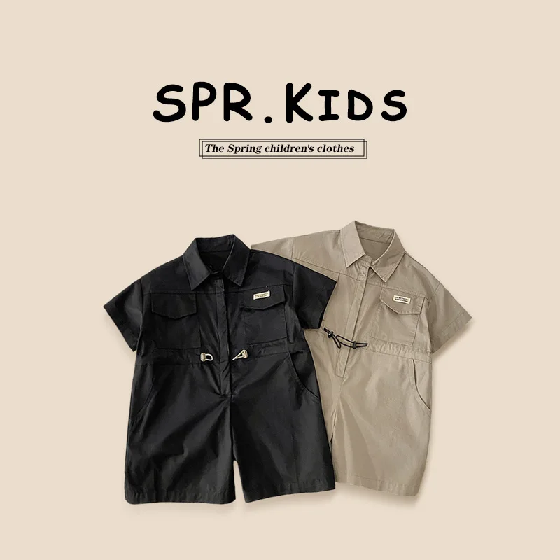

2024 Summer New Baby Boy Cargo Jumpsuits Pure Color Drawstring Sticker Shirts Turn-down Collar Versatile Children Boy Outfits