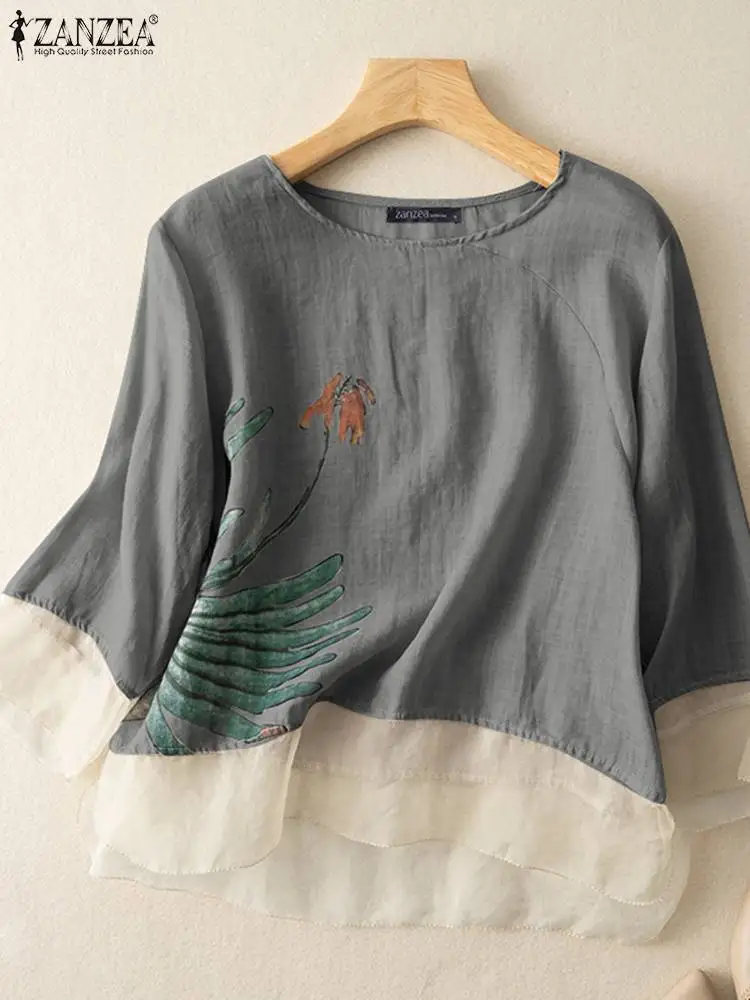 

ZANZEA Casual Floral Printed Blouse Female 3/4 Sleeve O Neck Tunic Tops Woman Holiday Shirt Autumn Elegant Loose Blusas 2023