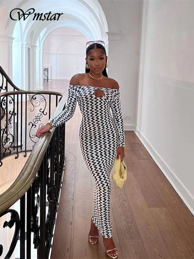

Wmstar Dresses for Women Long Sleeve Sexy Off Shoulder Fashion Hollow Out Elegant Maxi Dress Fall Clothes Wholesale Dropshipping