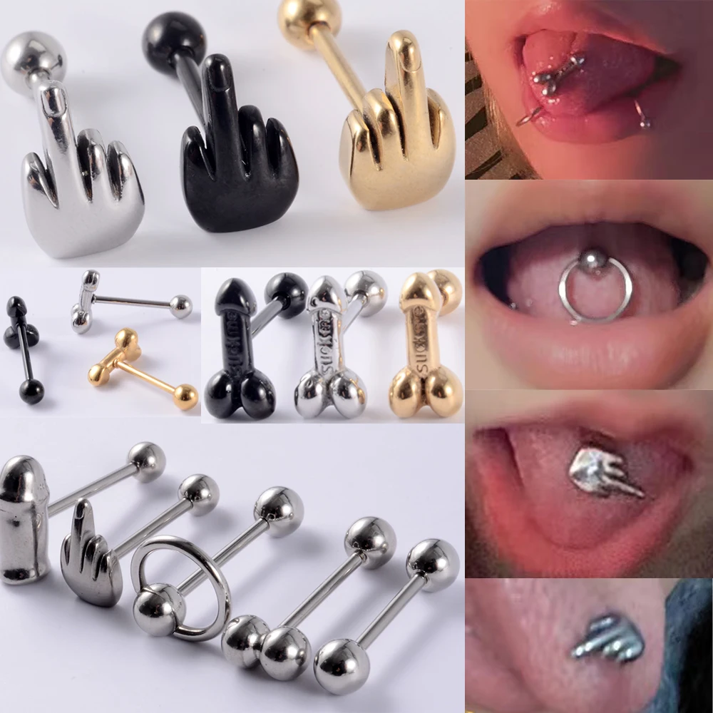 

1pc 361 Punk Surgical Steel Middle Finger Gesture Ball Barbell Tongue Stud External Thread Piercing Body Jewelry 14G