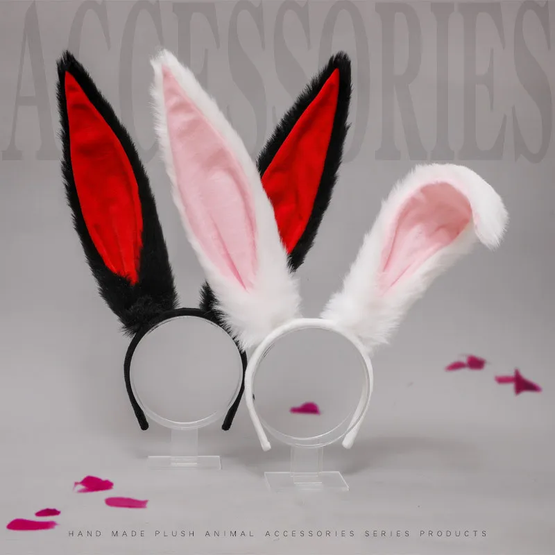 Female Girls Lolita Cosplay Headband Fluffy Plush Sweet Long Rabbit Bunny Ears Bandana Hair Hoop Cartoon Anime Headpiece