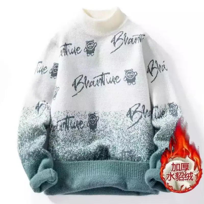 2023 Autumn and Winter Men's New Fashion Plush Printed Long Sleeve Warm Mink Half High Neck Casual Versatile Knitted Top