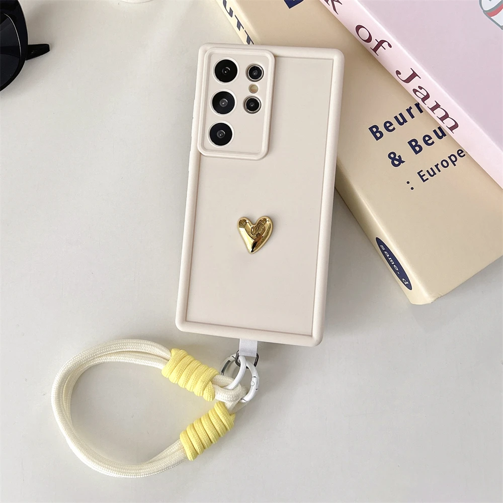 Elegant 3D Gold Love Heart Wrist Chain Silicone Phone Case Cover