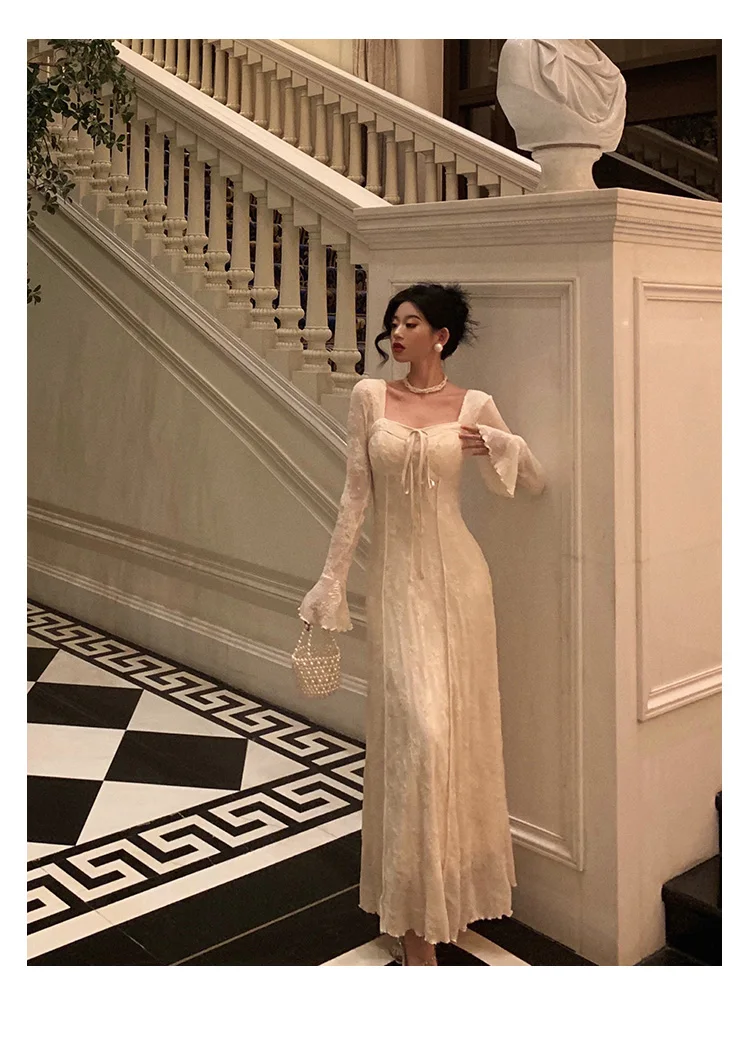 Women's Solid Midi Dress Flare Sleeves Square Collar A-Line Lace Up Autumn Spring French Elegant Vintage Prom Robe Vestidos New