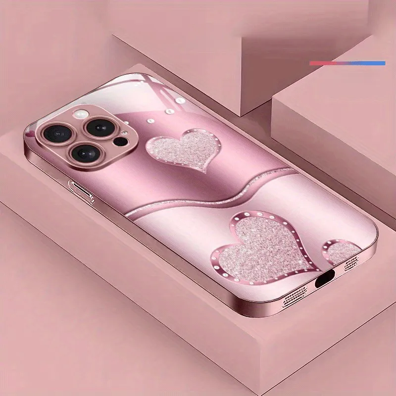 Adorable Love Heart Pattern Tempered Glass Phone Case