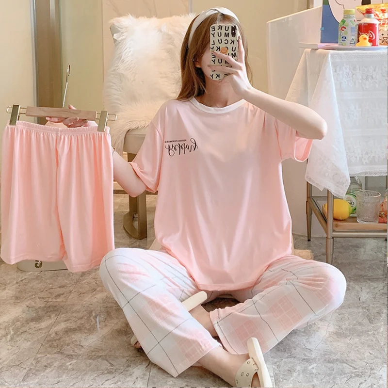 New women's summer three-piece pajamas homewear women short-sleeved trousers cartoon leisure women's homewear pajamas set 2 New women's summer three-piece pajamas homewear women short-sleeved trousers cartoon leisure women's homewear pajamas set - Image 2
