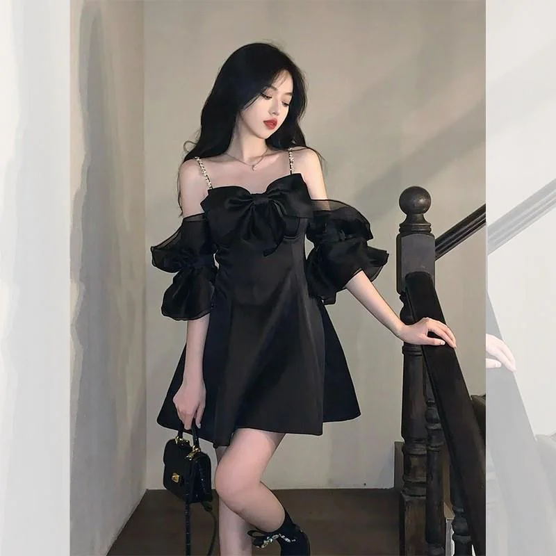 

Gothic Women Black Mini Dress Sexy Off Shoulder Dresses Women French Style Basics Leisure Ladies Party Special Popular Comfort