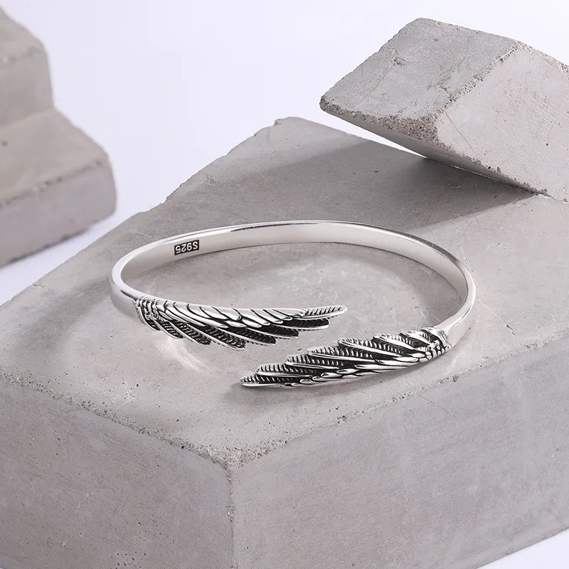 Thai Silver Vintage 925 Sterling Silver Feather Angel Wings Open Charm Bracelet & Bangles For Women Girl LB021 4
