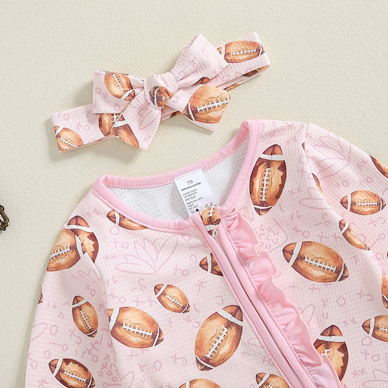 Baby Girl Bodysuits Football Print Ruffled Zip Up Footie Long Sleeve Fall Romper Headband Outfits