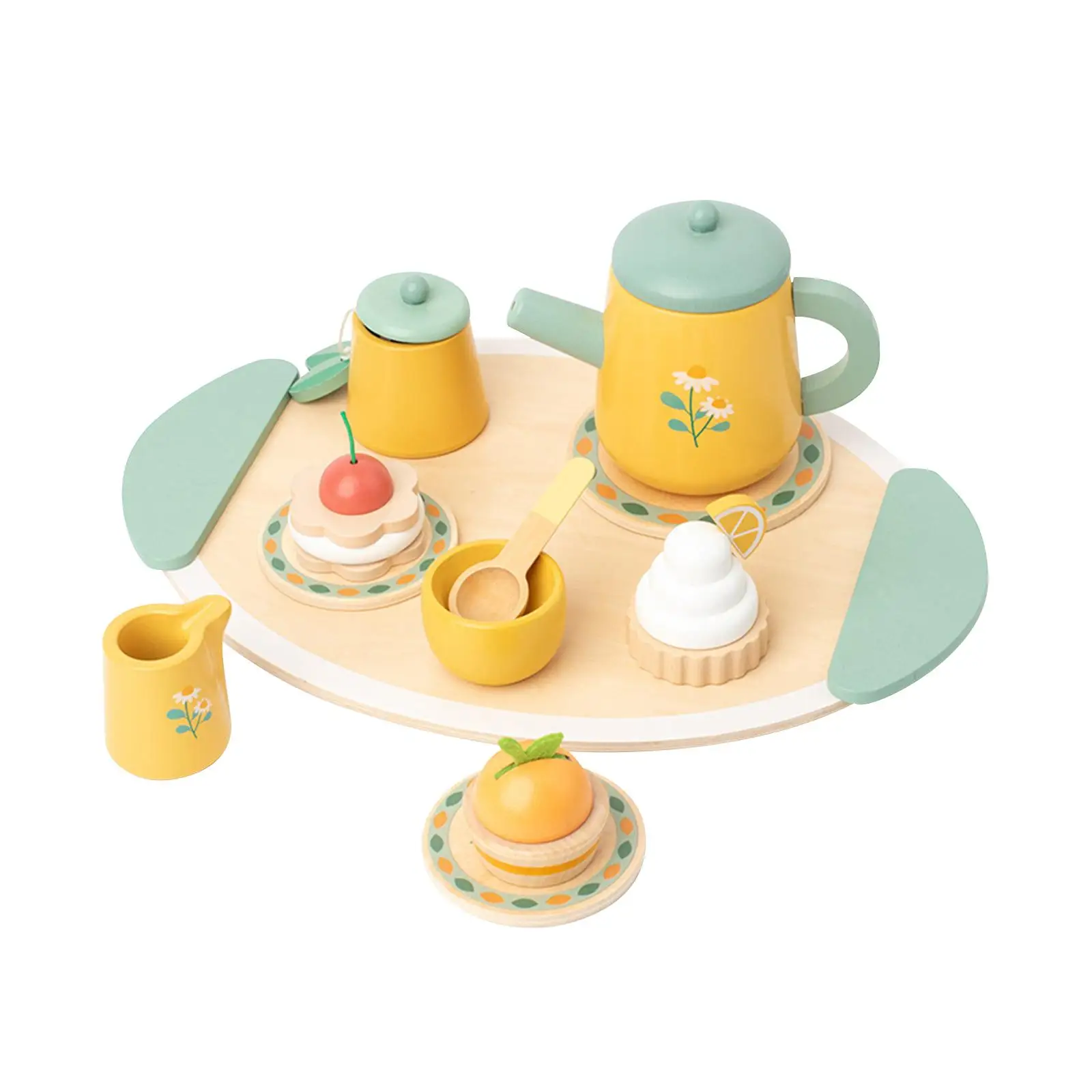 Wooden Tea Party Set Mini Teapot Plates Afternoon Tea Set Miniature Decor Cake Toys Miniature Tea Cups Set for Age 3 4 5 6