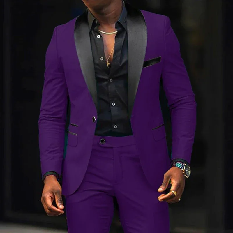 MAGE MALE Abito Uomo 2 Pezzi Slim Fit, Giacca Monopetto Con Risvolto A Scialle E Pantaloni, Design Con Colletto A Blocchi Di Colore, Per Matrimonio E Cerimonie
