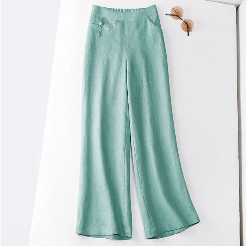 Linen  Straight  Elastic Waist  Solid  Button Decoration  Show Thin  Wide-legged Pants slacks Pants & Capris