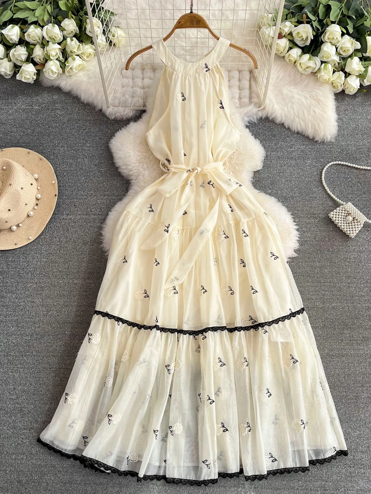 

Women Elegant French Vintage A-line Loose Dress Summer Round Neck Sleeveless Embroidered High Waist Slim Party Vacation Robe