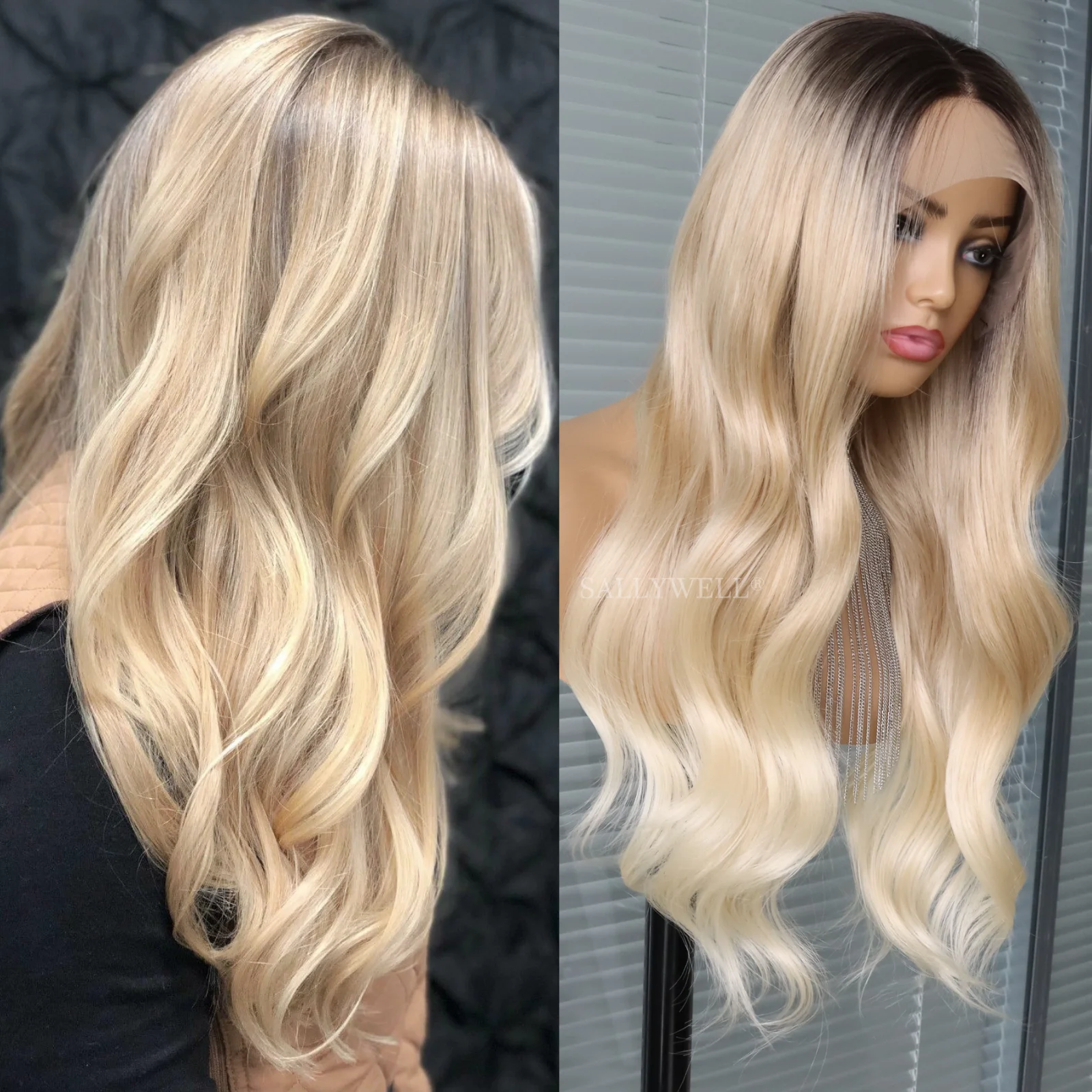 

Ombre Blonde Lace Front 13*4 Wigs Gluless Lace Synthetic Wigs Long Natural Wavy Wigs with Baby Hair Pre Heat Resistant Fiber