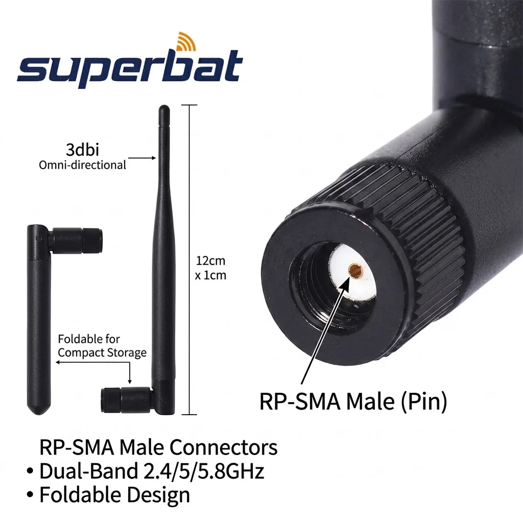 Superbat 2pcs M.2 3dbi 2.4GHz 5GHz 5.8GHz MIMO WiFi 안테나 RP-SMA Male + Ipex4 - 무선 네트워크 카드용 RP-SMA 케이블