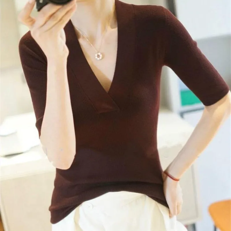 2024 Spring and summer High Quality cashmere Half sleeve Sweater Women Pullover Five-Point Short Sleeve Fashion Knit Female 4