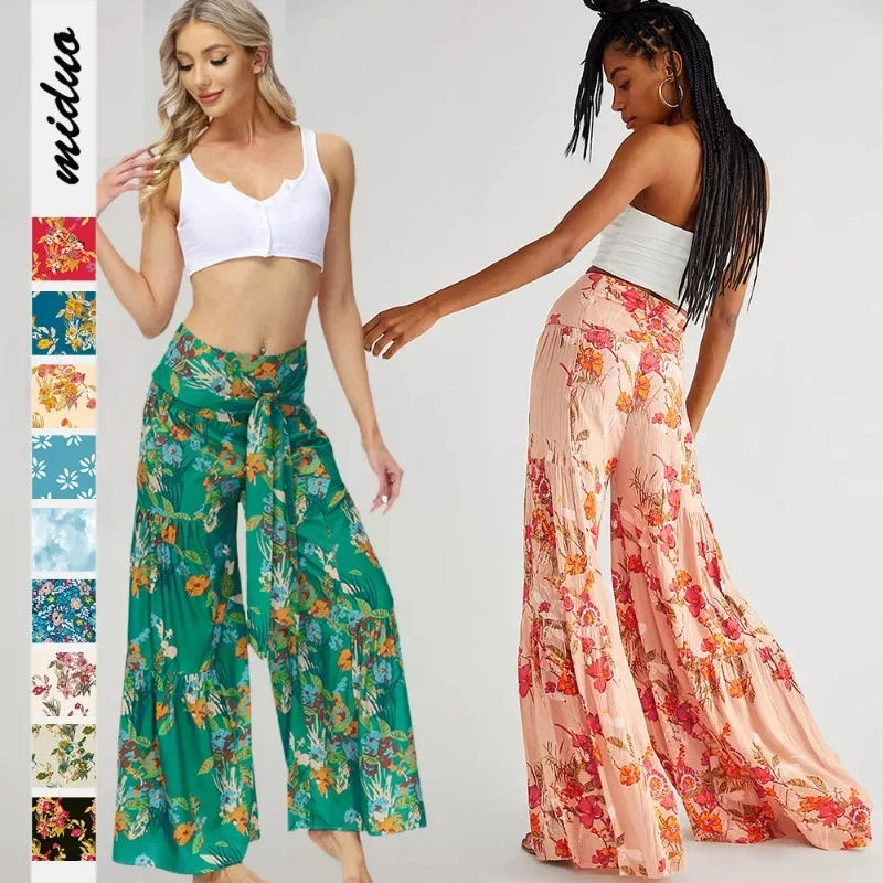 

Summer High Waist Long Pants For Women Floral Print Vintage Elastic Waist Wide Leg Pants Boho Beach Holiday Trousers Streetwears