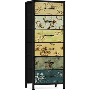 Tall  Dresser, Vintage Storage Organizer Unit with Fabric Bins for Bedroom, Living Room, Closet, Nusery, Dorm,Entryway