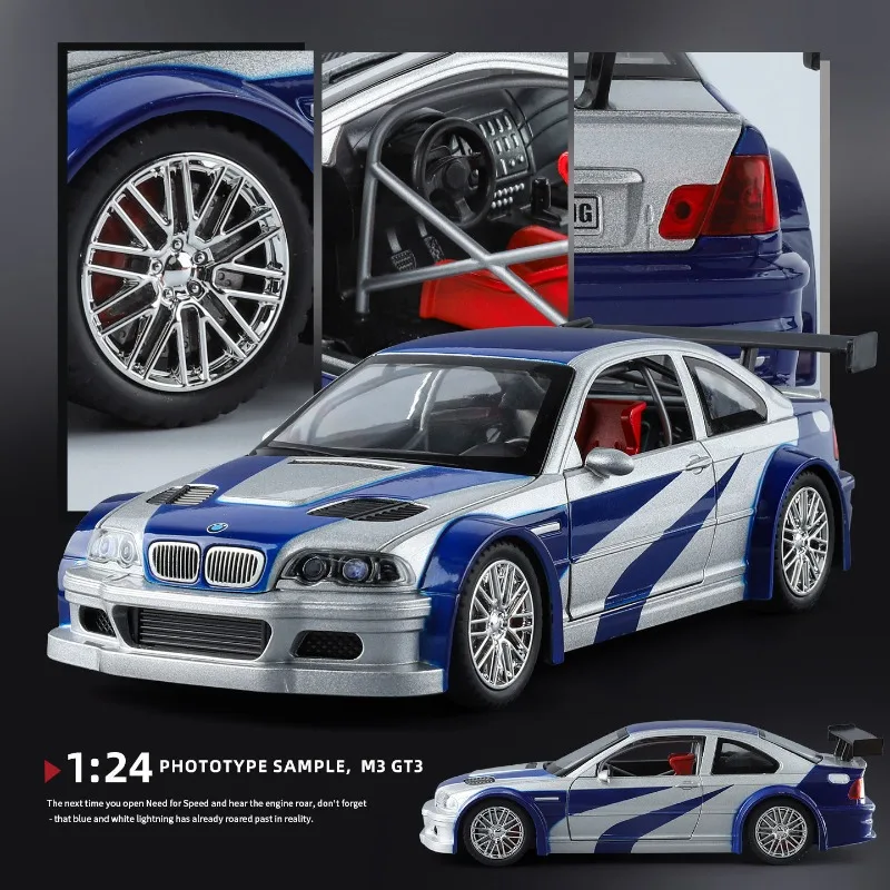 시뮬레이션 1:24 BMW M3 GTR E46 레이싱카 모델 합금 미니어처 자동차 컬렉션 장식품 장난감 자동차 남자친구 생일 선물