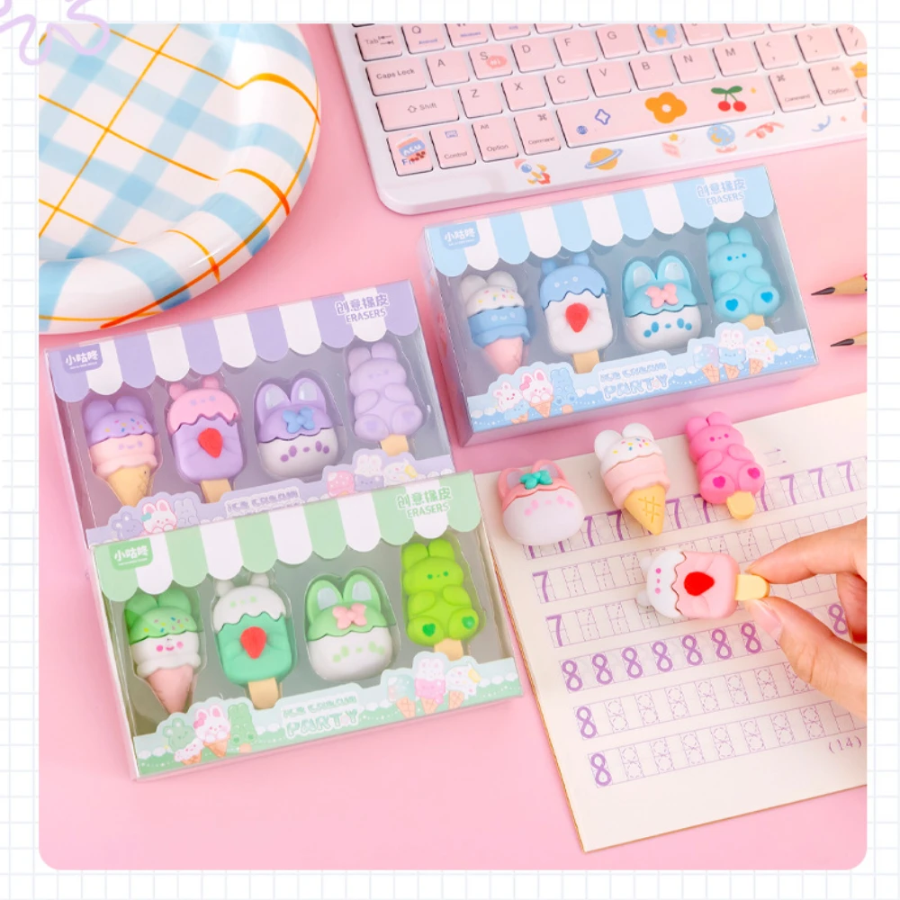 2 set/lot Cartoon Animals Shaped ICe Cream Rubber Eraser pencil eraser plasticine eraser biscuit eraser kneadable eraser retractable eraser School Supplies Stationery Kids Students Cool Prizes